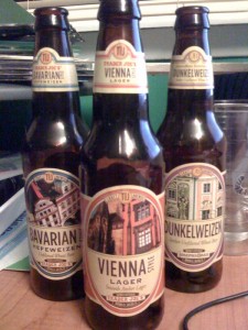 Three styles of Trader Joe's beer: Vienna Style Lager, Bavarian Style Hefeweizen, and Dunkelweizen