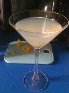 A cocktail glass containing a Kami kaze made with Cointreau