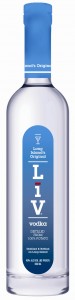 LIV_2L_bottle Bottle of LiV vodka, with blue label on clear glass