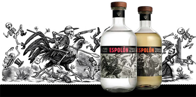 PR image for Espolón, showing the blanco and reposado bottles with the label artwork in background
