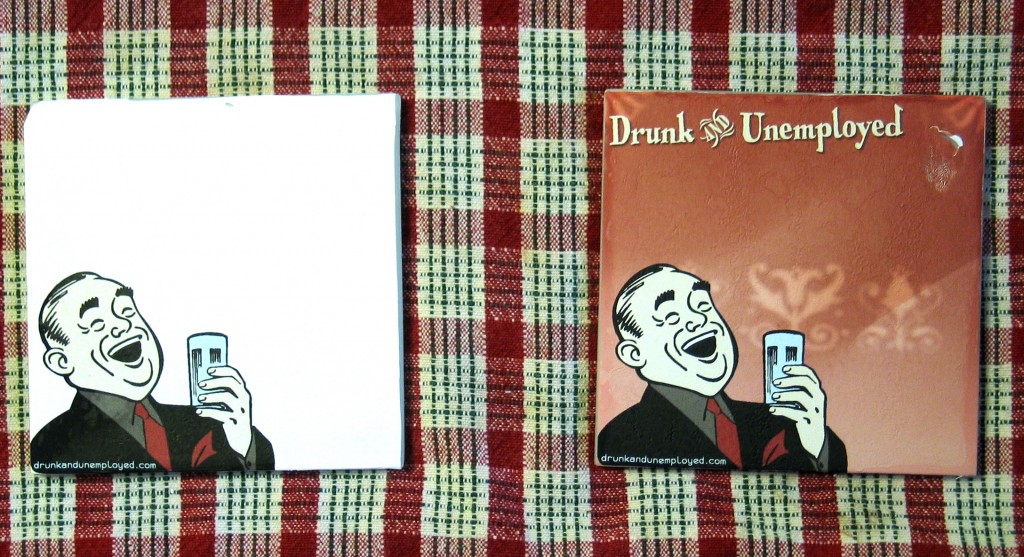 White and copper glass Drunk & Unemployed coasters