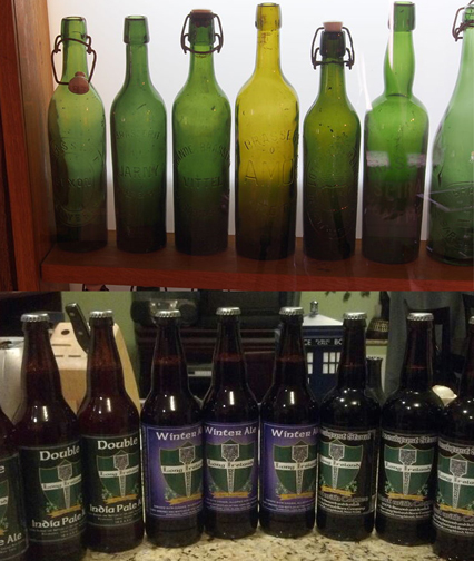 Top: Antique beer bottles from the Musée Européen de la Bière collection. Bottom: 22oz bottles from the Long Ireland Beer Company.