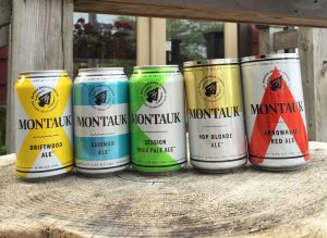 Cans of Montauk Brewing Driftwood Ale, Summer Ale, Session IPA, Hop Blonde Ale, and Arrowhead Red Ale
