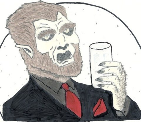 Sketch of a werewolf in Fervere's clothing, silhouetted by the light of the moon.