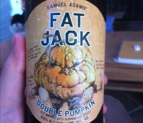 Held bottle of Samuel Adams Fat Jack displaying the label.