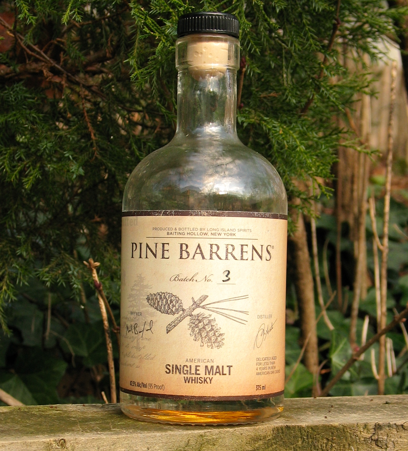 A bottle of Pine Barrens Single Malt Whisky, batch 3