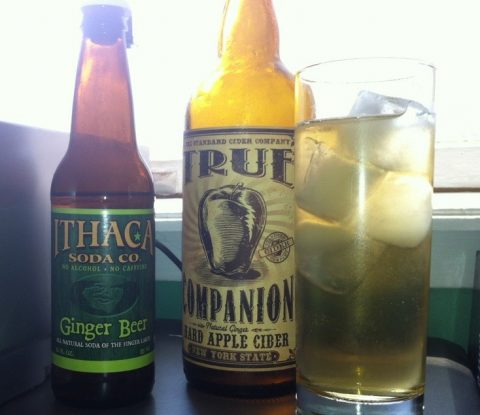 A bottle of Ithaca Ginger Beer, True Companion hard cider, and a glass of Ginger bourbon cider.