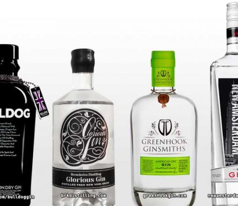 Bottles of Bulldog, Glorious Gin, Greenhook, and New Amsterdam gin