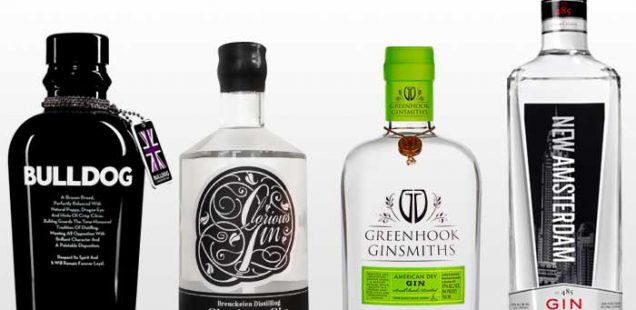 Bottles of Bulldog, Glorious Gin, Greenhook, and New Amsterdam gin